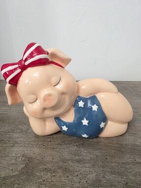 Patriotic Americana 4th of July USA Cute Pig Decor in her Flag Swimsuit New